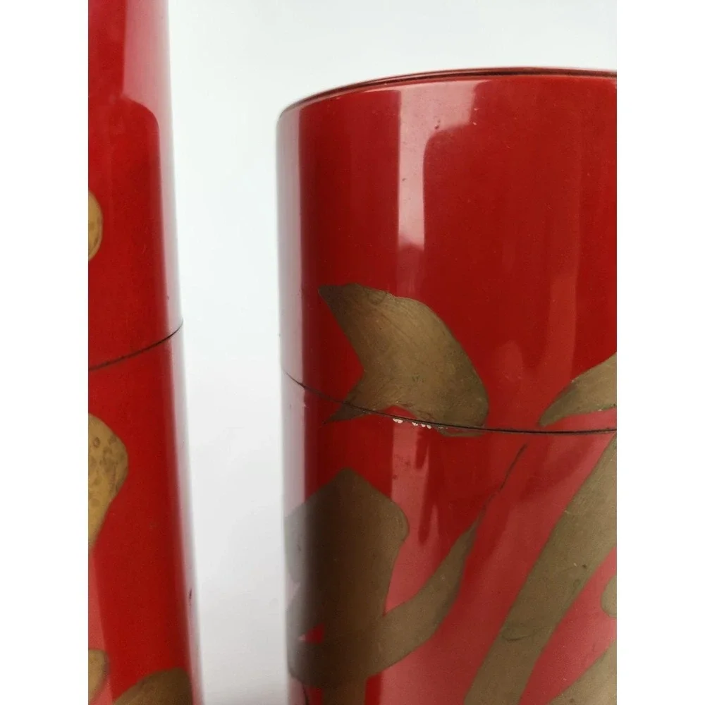Vintage‎ Metal Nesting Canisters Set 3 Japanese Tole Tea Japan Red Hand Painted